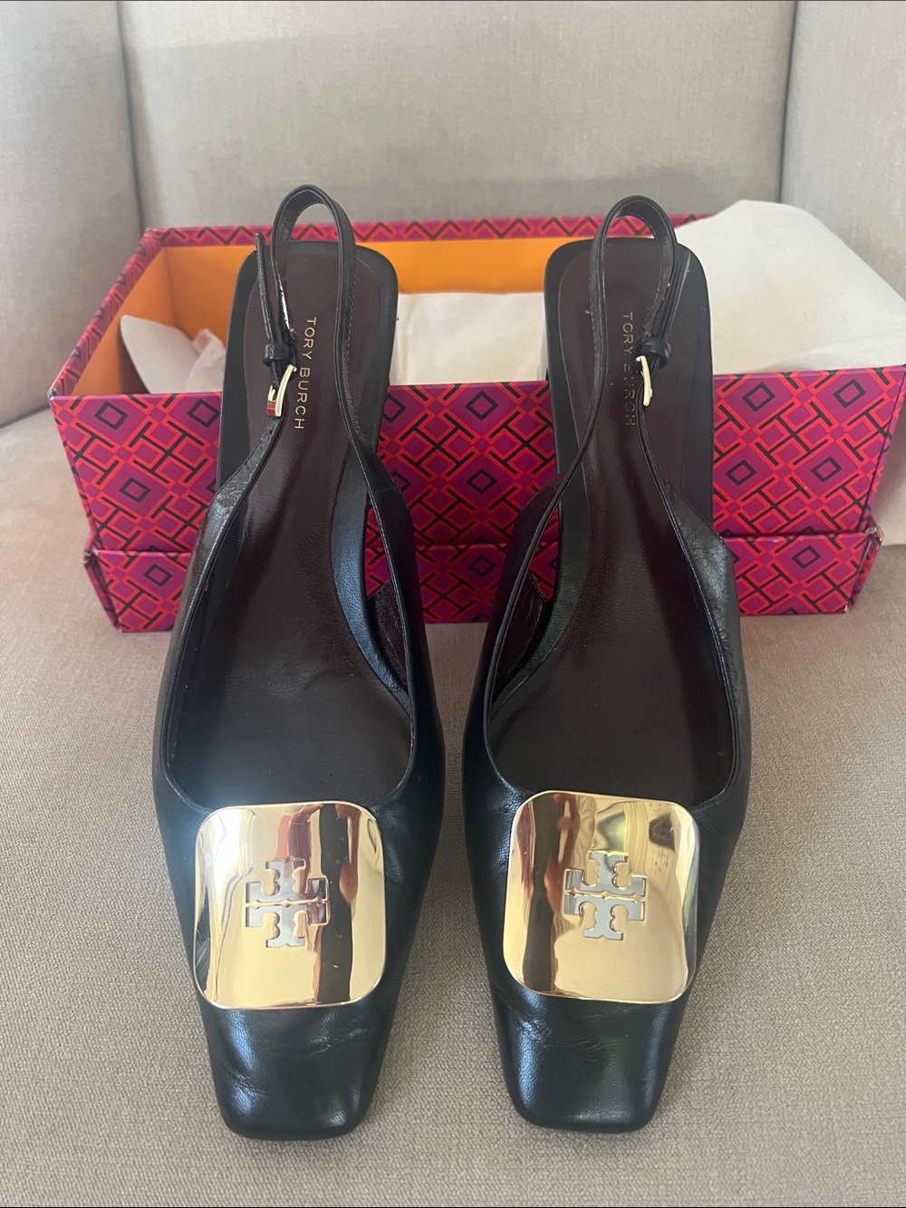Tory Burch Black Leather Slingback Pumps with Gold Logo Plate